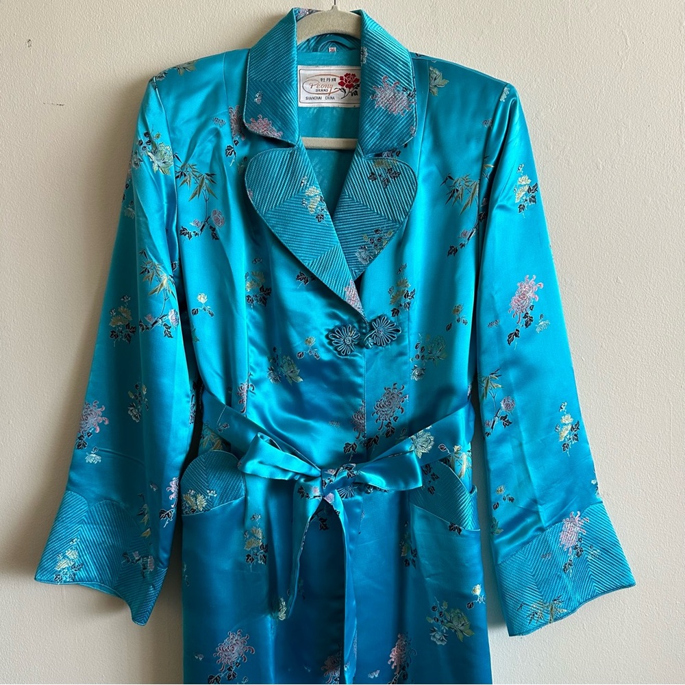 Vintage Authentic Chinese Silky Turquoise Floral House Coat with Tie Belt